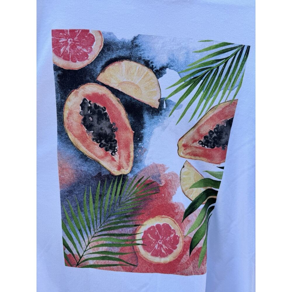 Colorful Tropical T-shirt XL Men's White Short Sleeve Papayas & Palm Tree Leaves - Picture 2 of 4